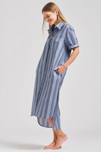 The Annie Short Sleeve Shirtdress - Denim Blue Stripe