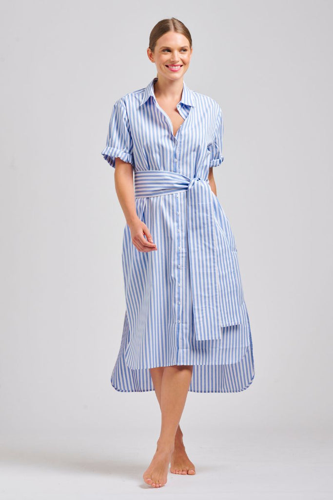 The Annie Relaxed Short Sleeve Shirtdress - Pale Blue Stripe