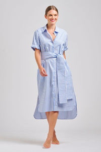 The Annie Relaxed Short Sleeve Shirtdress - Pale Blue Stripe