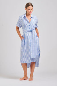 The Annie Relaxed Short Sleeve Shirtdress - Pale Blue Stripe
