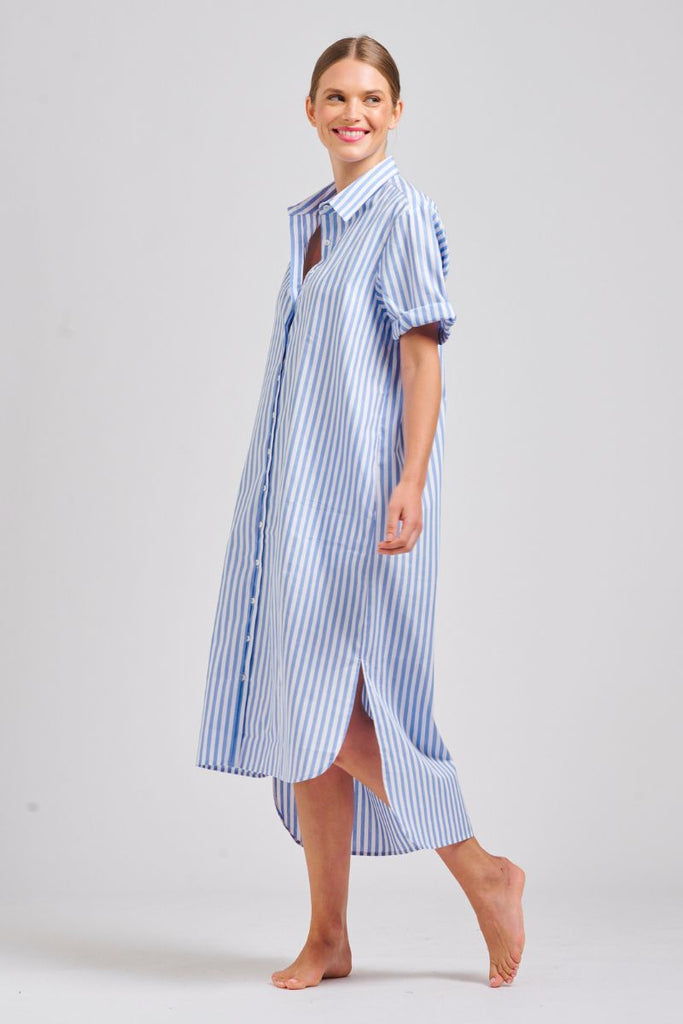 The Annie Relaxed Short Sleeve Shirtdress - Pale Blue Stripe