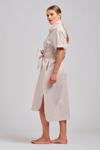 The Annie Relaxed Short Sleeve Shirtdress - Stone White Stripe