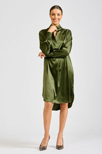 The Ava Popover Silk Dress - Olive Green