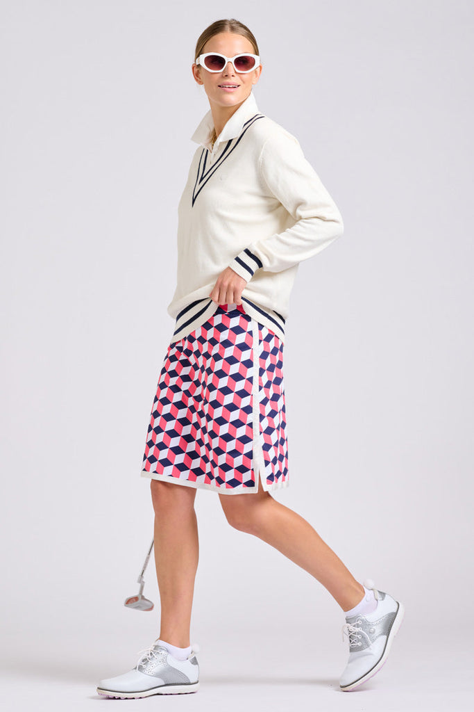 The Club Madison Long Skort - Geo Tile Navy & Coral