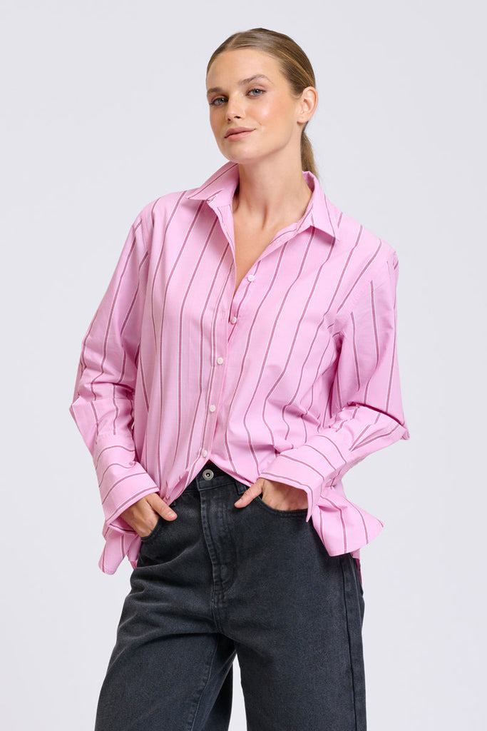 Shirty Elodie Stripe Girlfriend Shirt - Pink & Plum Stripe