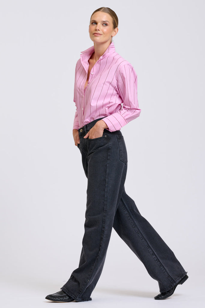 Shirty Elodie Stripe Girlfriend Shirt - Pink & Plum Stripe