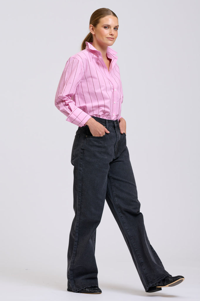 Shirty Elodie Stripe Girlfriend Shirt - Pink & Plum Stripe