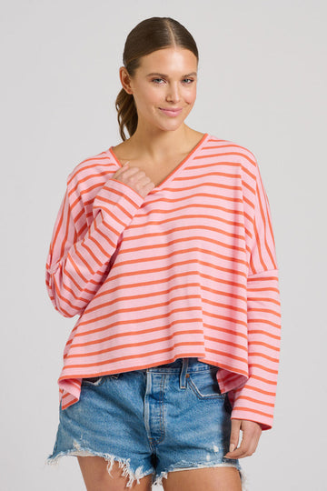EST 1971 Breton Cotton Long Sleeve Top - Melon & Pink
