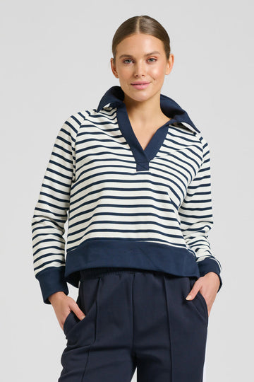EST 1971 Rugby Cotton Crop Sweatshirt - French Navy Stripe