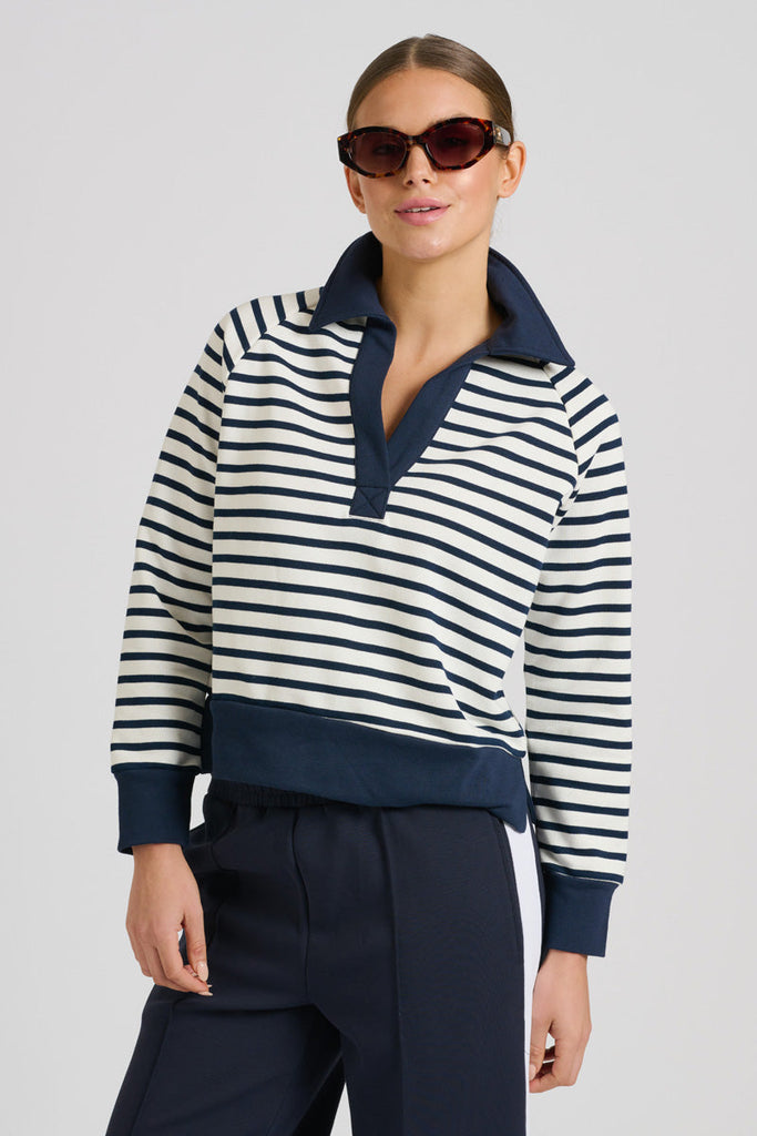 EST 1971 Rugby Cotton Crop Sweatshirt - French Navy Stripe