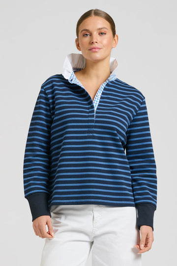 EST 1971 Rugby Frill Collar Cotton Sweatshirt - Navy Combo Stripe