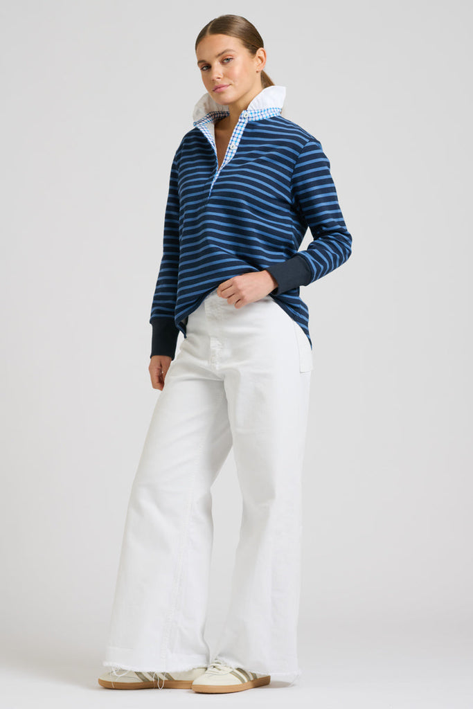 EST 1971 Rugby Frill Collar Cotton Sweatshirt - Navy Combo Stripe