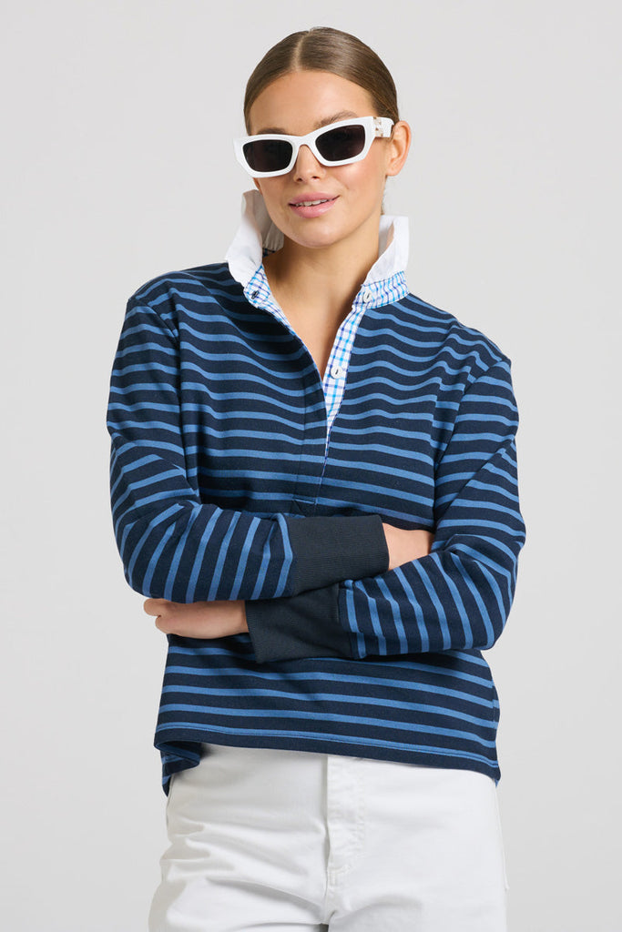 EST 1971 Rugby Frill Collar Cotton Sweatshirt - Navy Combo Stripe