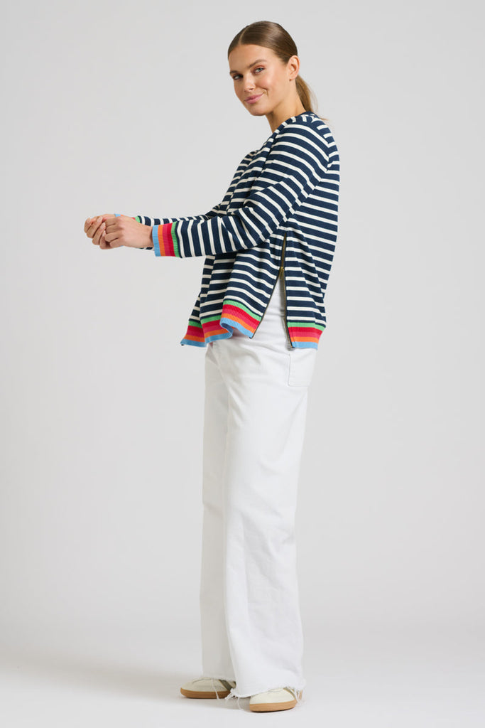 EST 1971 Zipside Classic Cotton Sweatshirt - French Navy Stripe/Rainbow