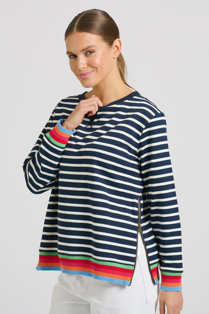 EST 1971 Zipside Classic Cotton Sweatshirt - French Navy Stripe/Rainbow
