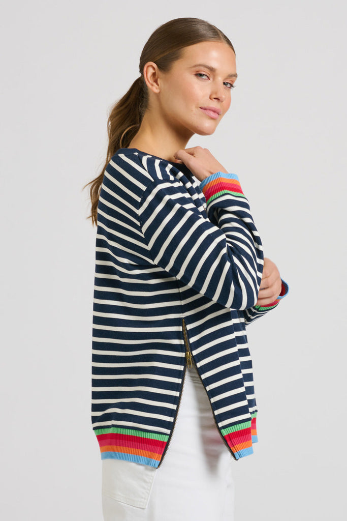 EST 1971 Zipside Classic Cotton Sweatshirt - French Navy Stripe/Rainbow
