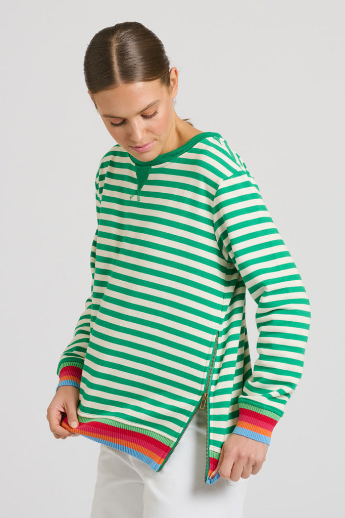 EST 1971 Zipside Classic Cotton Sweatshirt - Green Stripe/Rainbow