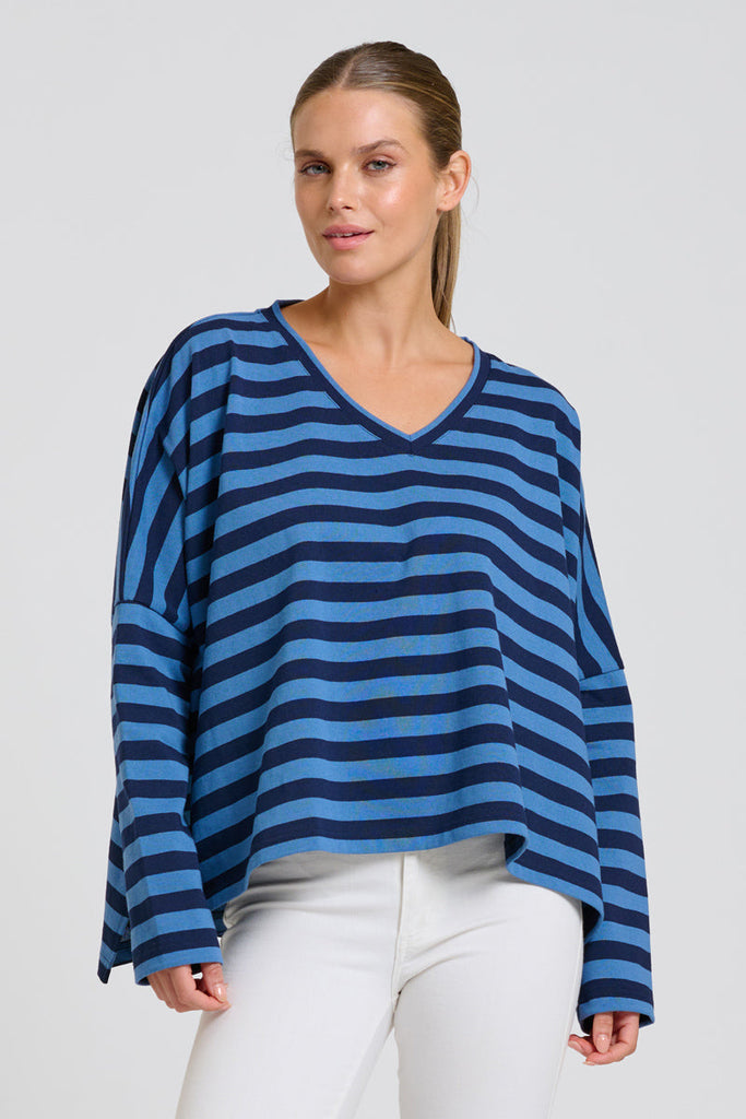 EST Breton V Neck Top- Navy Stripe