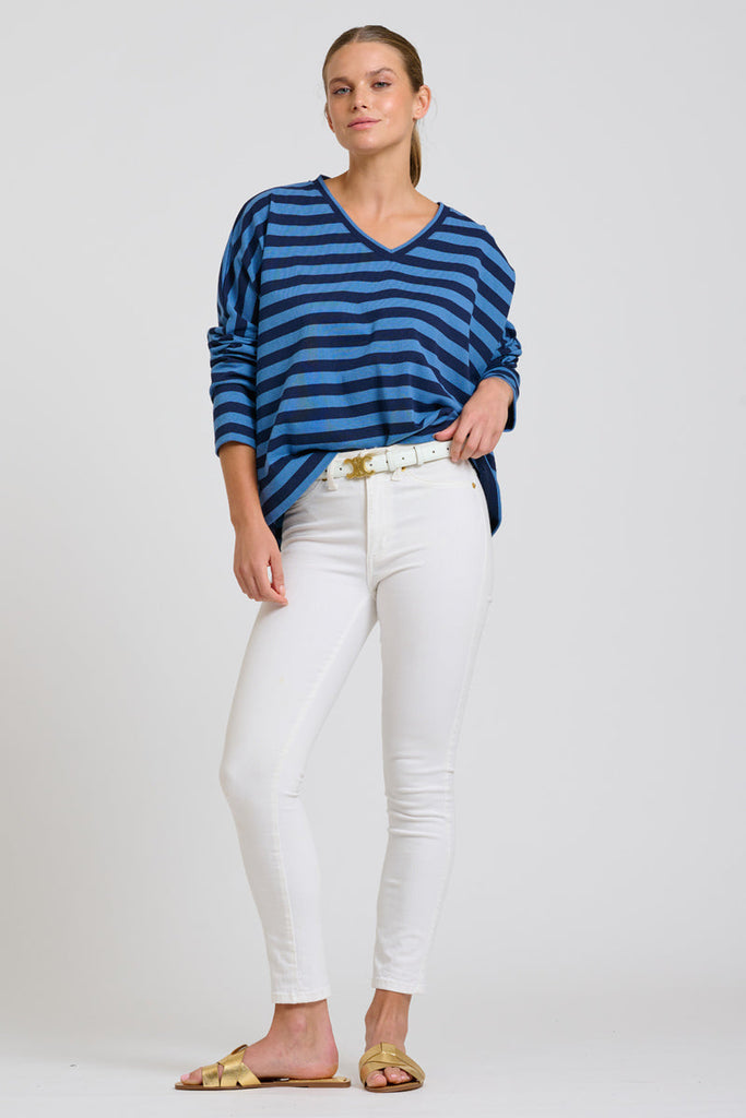 EST Breton V Neck Top- Navy Stripe