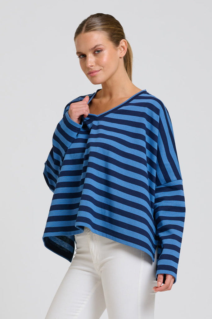 EST Breton V Neck Top- Navy Stripe