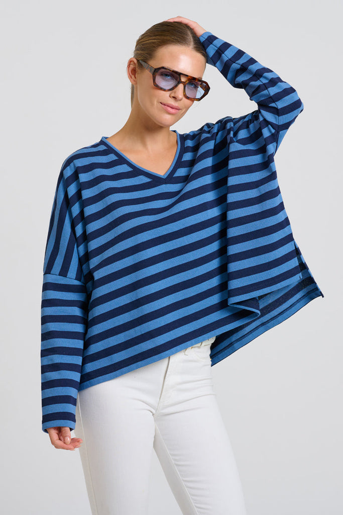 EST Breton V Neck Top- Navy Stripe