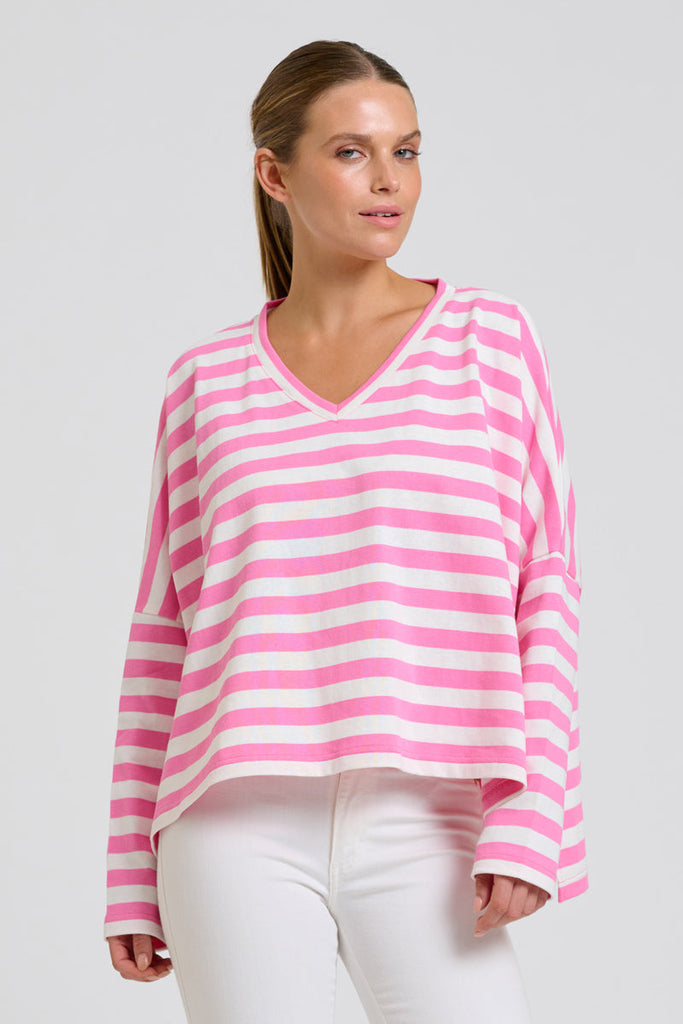 EST Breton V Neck Top - Pink Stripe