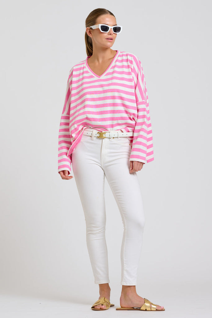 EST Breton V Neck Top - Pink Stripe