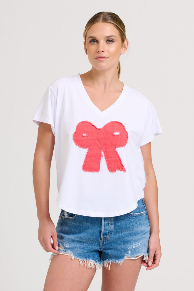 EST The V-neck Applique Bow T-shirt - White/Red