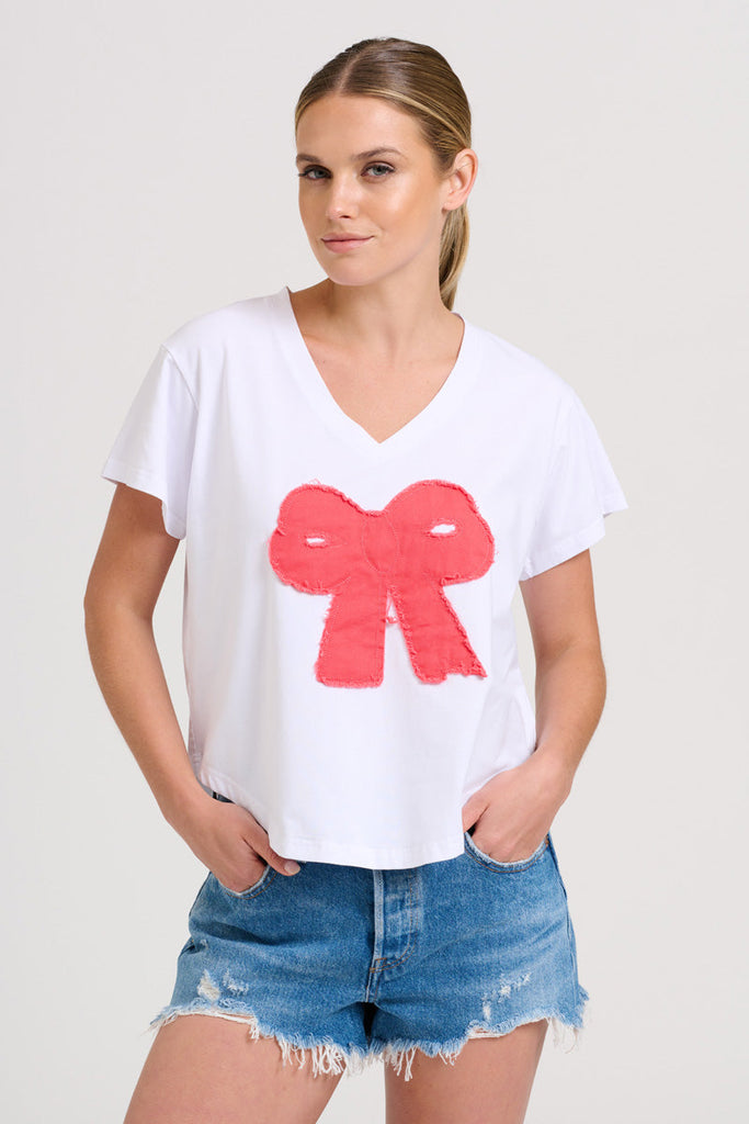 EST The V-neck Applique Bow T-shirt - White/Red