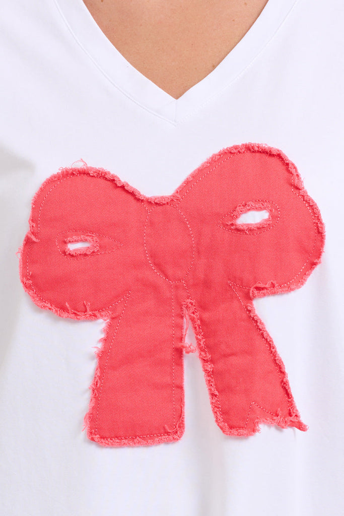 EST The V-neck Applique Bow T-shirt - White/Red