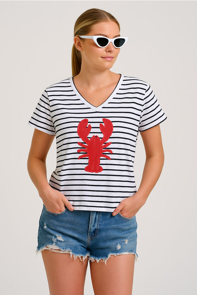 EST The V-neck Applique Lobster T-shirt - Navy Stripe/Red