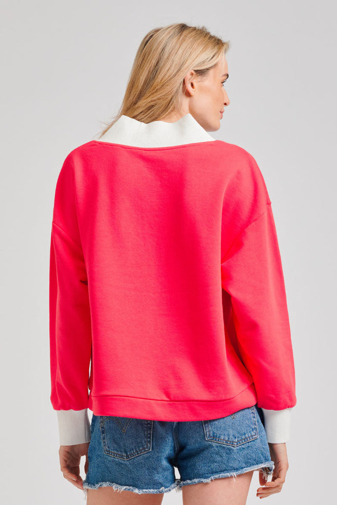 Ivy League V Sweatshirt - Raspberry & White