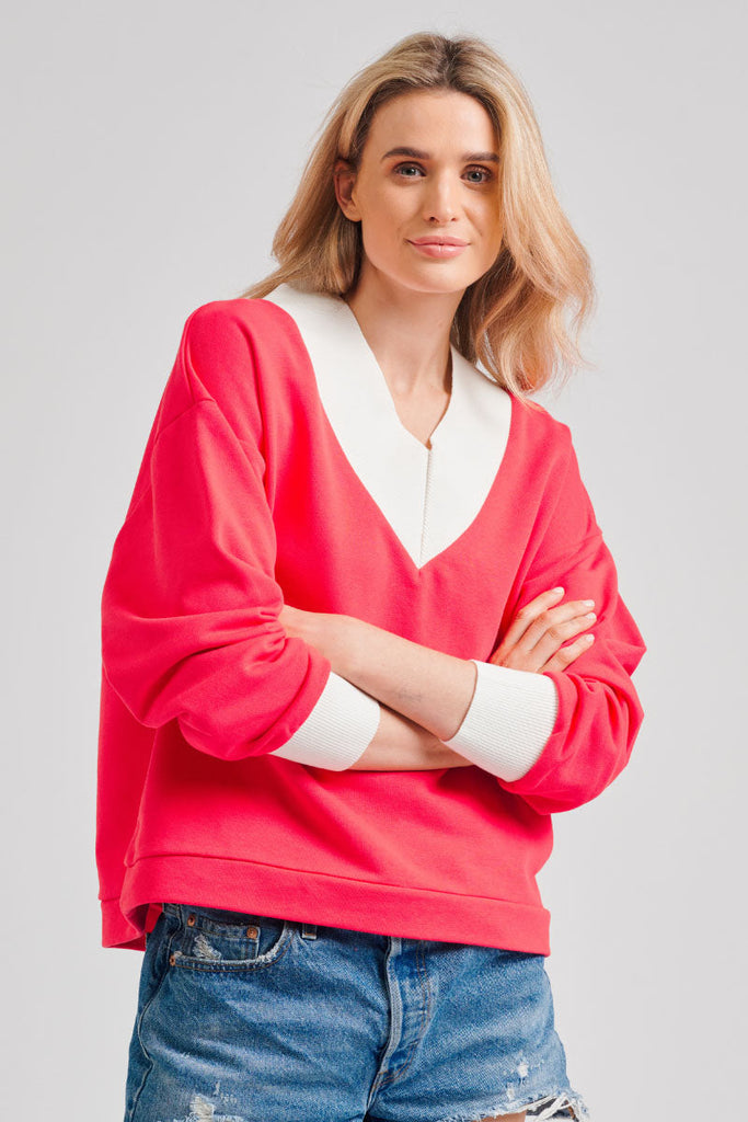 Ivy League V Sweatshirt - Raspberry & White