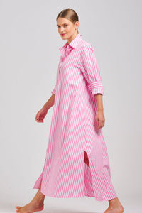 The Luna Oversized Long Shirtdress - Pink/White Stripe