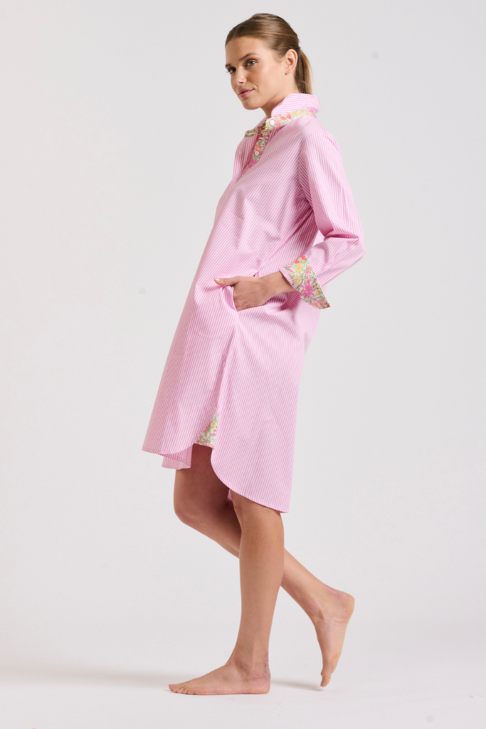 The Popover Shirtdress - Pink Stripe/Floral Trim
