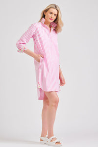 The Popover Cotton Shirt Dress - Pink Stripe/Floral