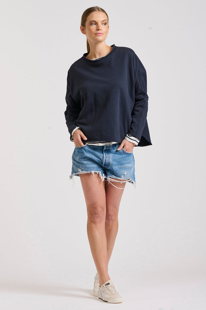 Raw Long Sleeve High-Low Sweatshirt - French Navy