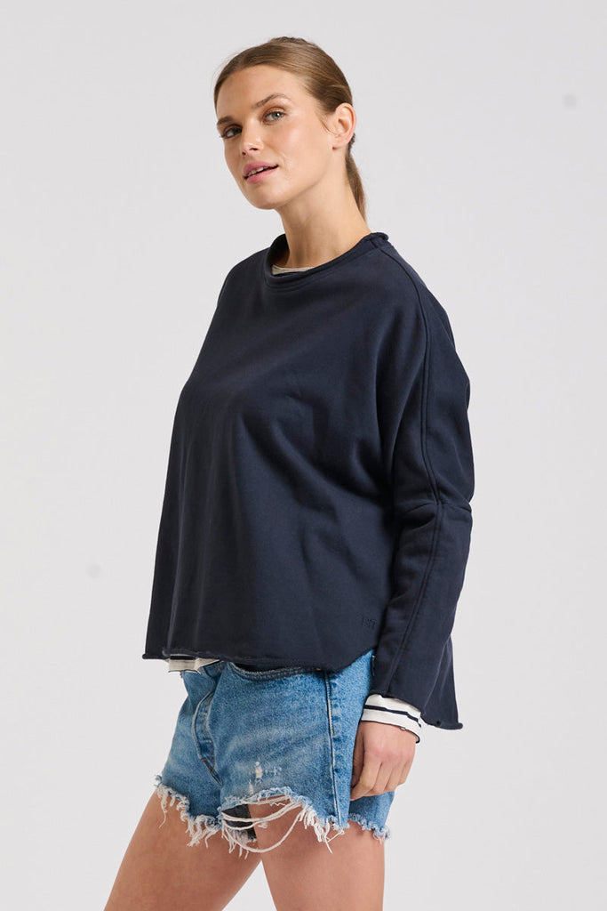 Raw Long Sleeve High-Low Sweatshirt - French Navy