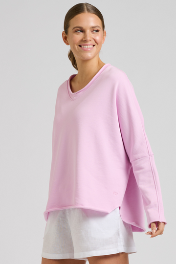 Raw V Neck Sweatshirt - Baby Pink