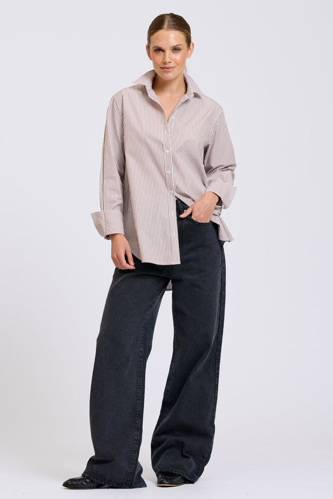Shirty Elodie Stripe Girlfriend Shirt - Chocolate Skinny Stripe
