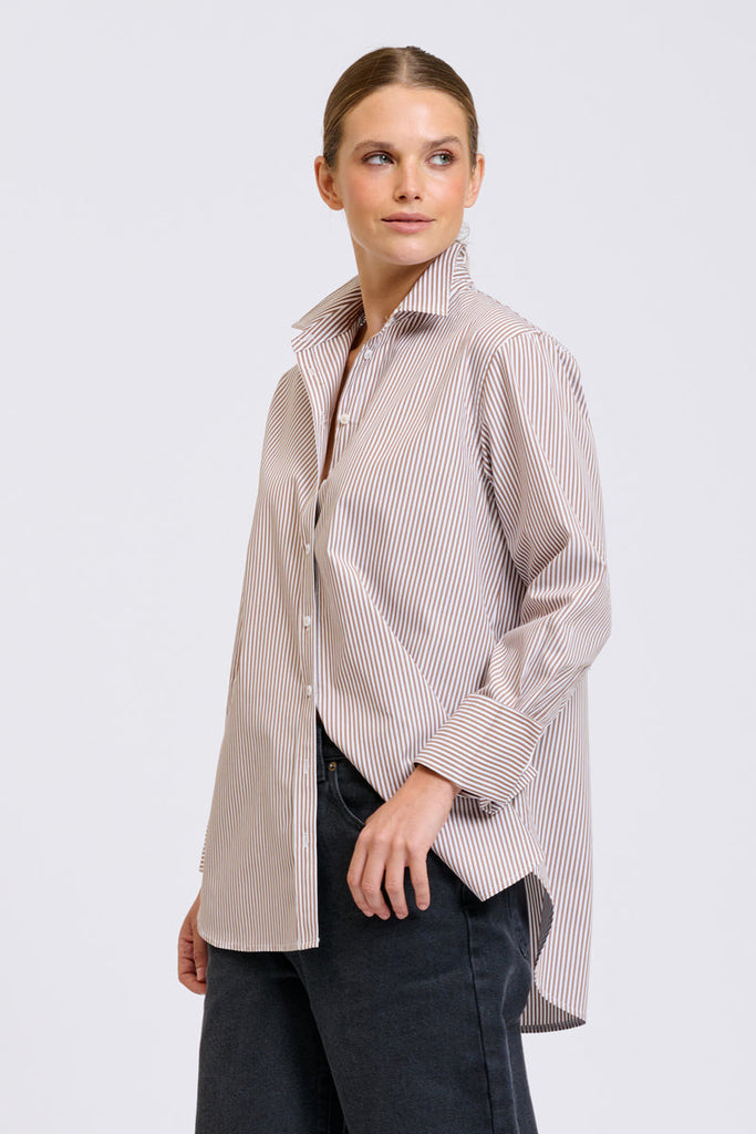 Shirty Elodie Stripe Girlfriend Shirt - Chocolate Skinny Stripe
