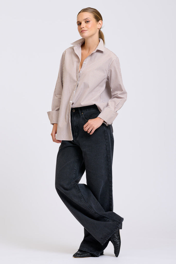 Shirty Elodie Stripe Girlfriend Shirt - Chocolate Skinny Stripe