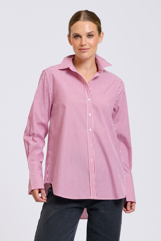 Shirty Elodie Stripe Girlfriend Shirt - Cranberry Skinny Stripe