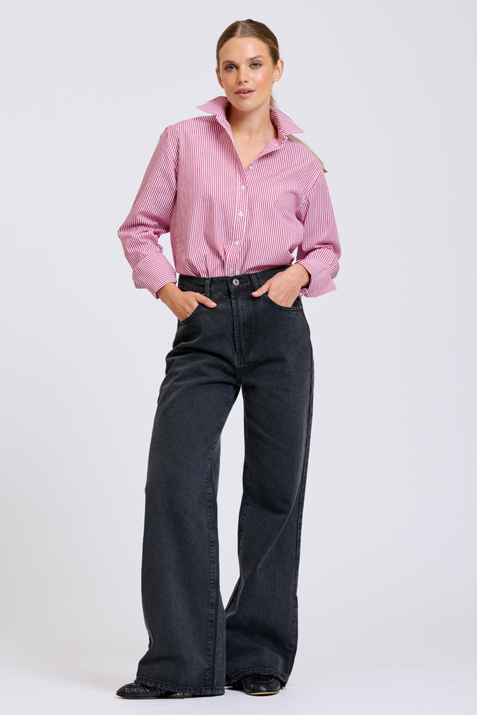 Shirty Elodie Stripe Girlfriend Shirt - Cranberry Skinny Stripe