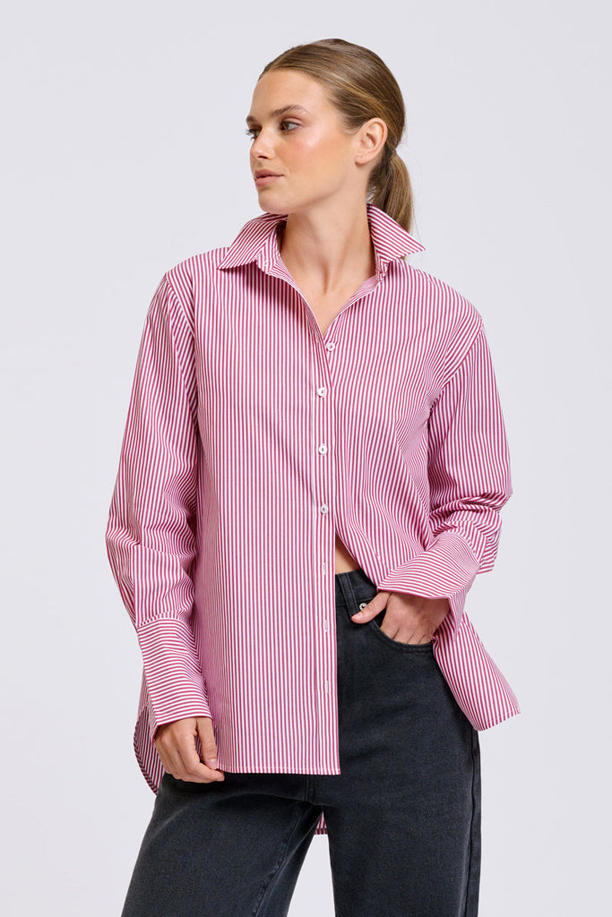 Shirty Elodie Stripe Girlfriend Shirt - Cranberry Skinny Stripe