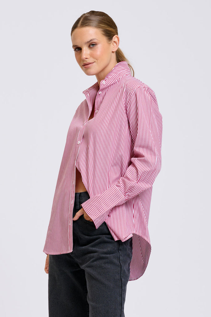 Shirty Elodie Stripe Girlfriend Shirt - Cranberry Skinny Stripe