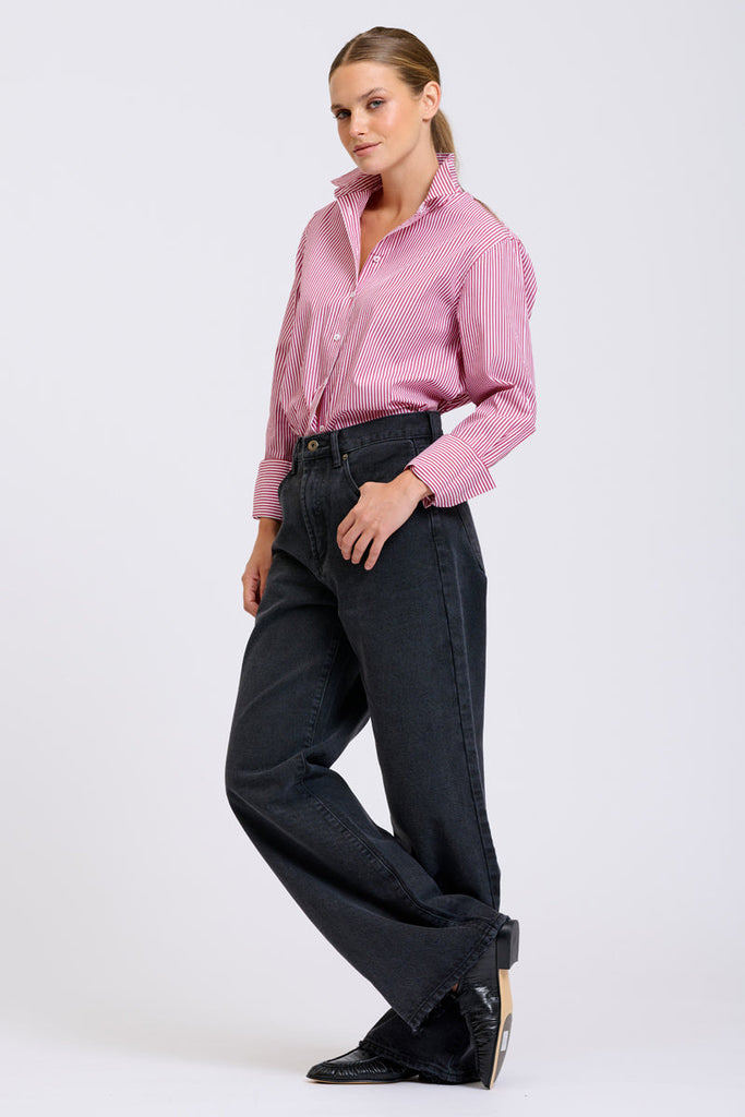 Shirty Elodie Stripe Girlfriend Shirt - Cranberry Skinny Stripe