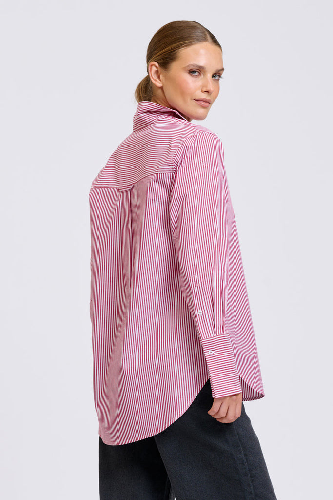 Shirty Elodie Stripe Girlfriend Shirt - Cranberry Skinny Stripe