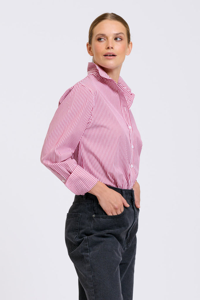 Shirty Elodie Stripe Girlfriend Shirt - Cranberry Skinny Stripe