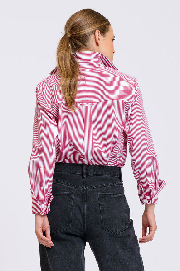 Shirty Elodie Stripe Girlfriend Shirt - Cranberry Skinny Stripe